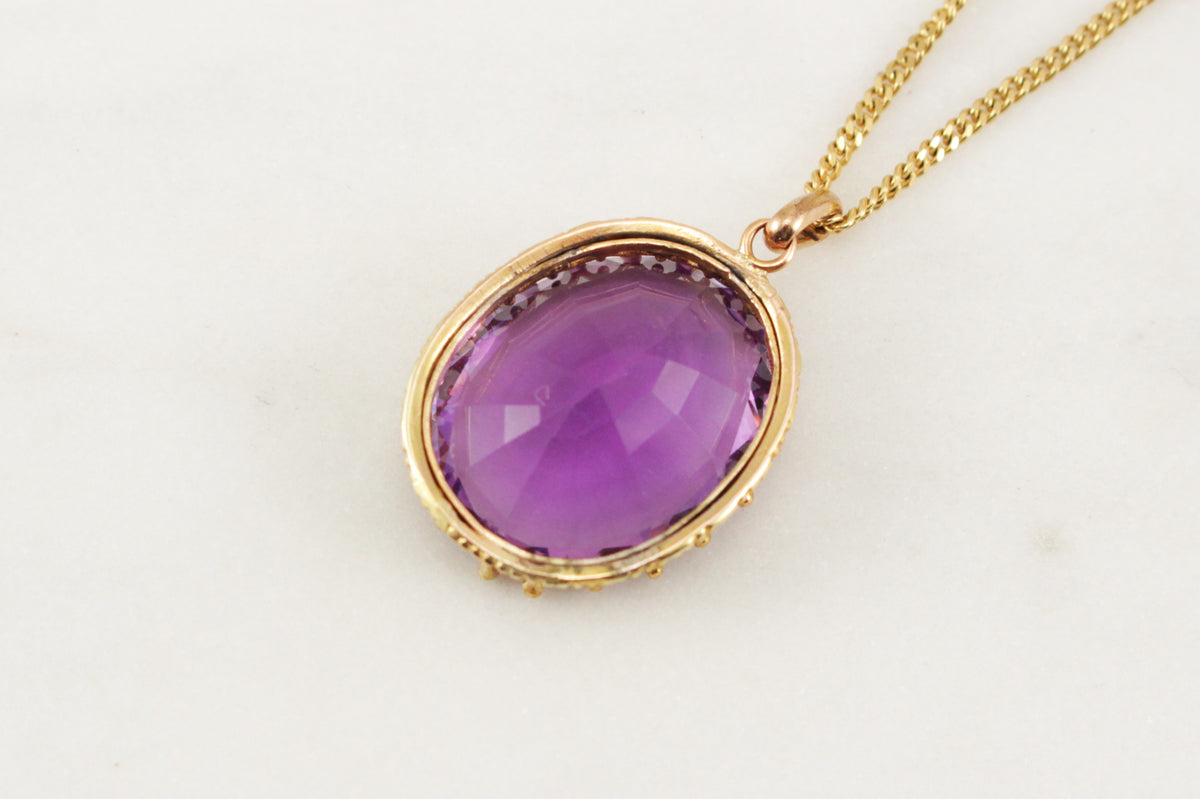 ANTIQUE EDWARDIAN c1910 AMETHYST PENDANT & CHIAN 9ct GOLD