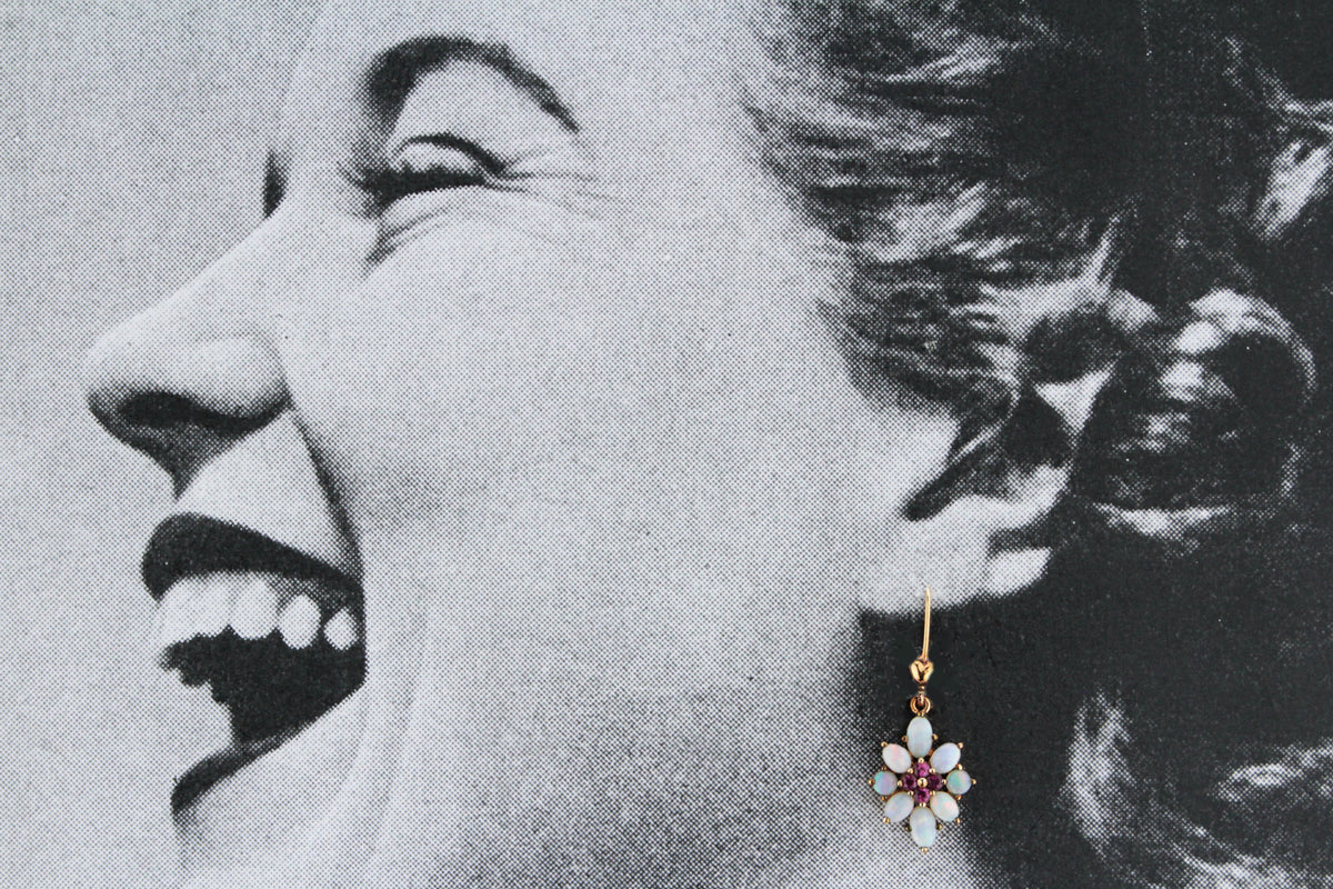 VINTAGE MID CENTURY GARNET & OPAL EARRINGS 9ct GOLD