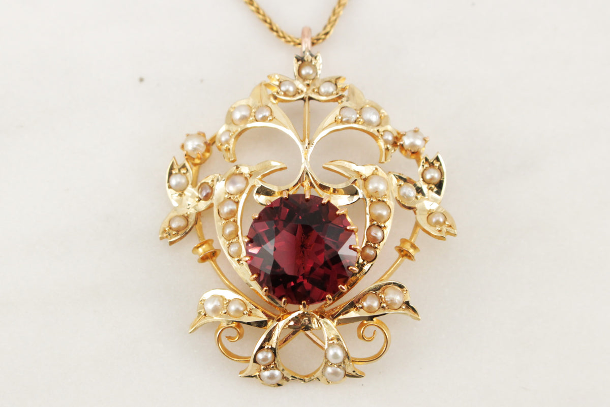 ANTIQUE AUSTRALIAN EDWARDIAN c1910 TOURMALINE & SEED PEARL PENDANT 15ct GOLD