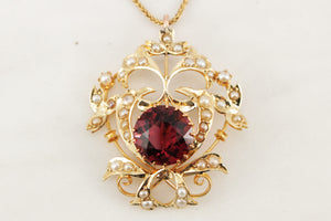 ANTIQUE AUSTRALIAN EDWARDIAN c1910 TOURMALINE & SEED PEARL PENDANT 15ct GOLD