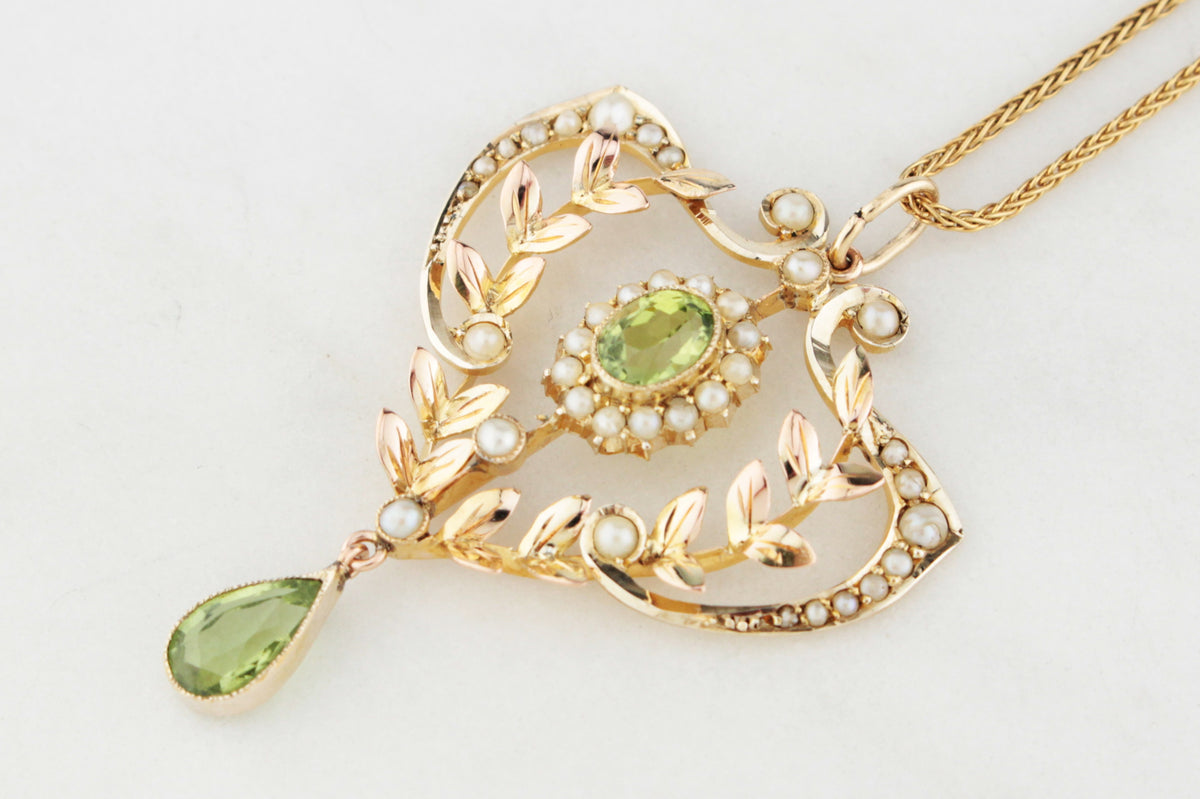 ANTIQUE EDWARDIAN PERIDOT &amp; SEED PEARL PENDANT 9ct GOLD