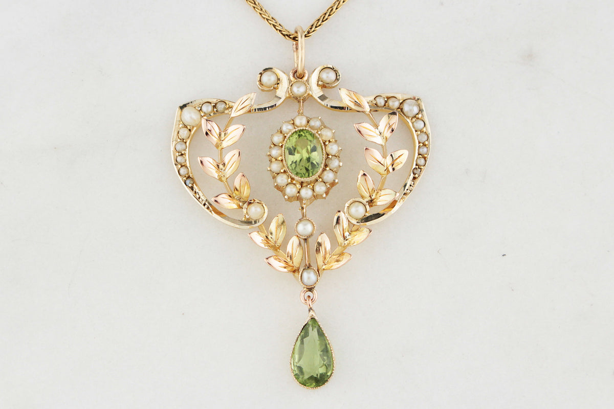 ANTIQUE EDWARDIAN PERIDOT &amp; SEED PEARL PENDANT 9ct GOLD