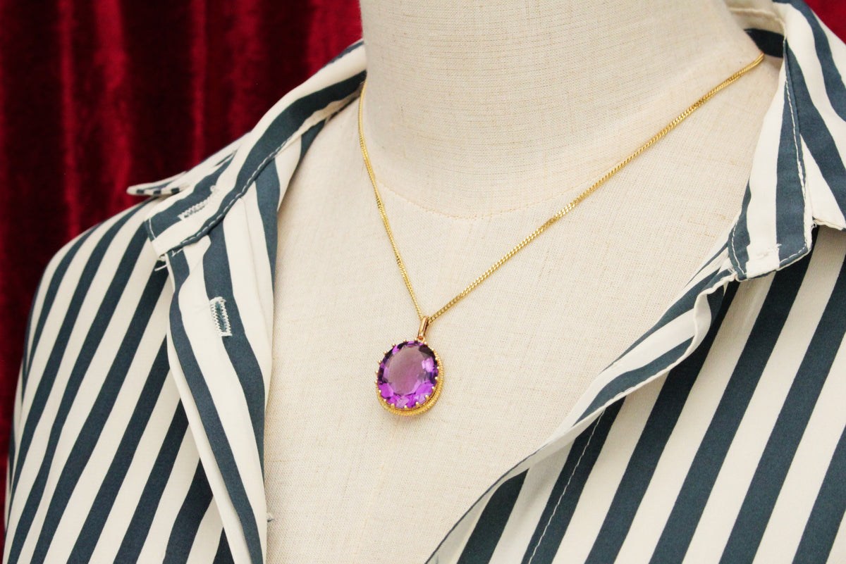 ANTIQUE EDWARDIAN c1910 AMETHYST PENDANT & CHIAN 9ct GOLD