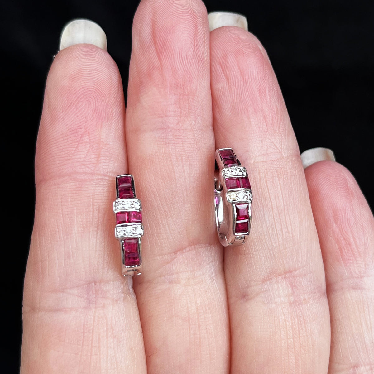 MODERN RUBY &amp; DIAMOND HALF HOOP EARRINGS 14ct GOLD