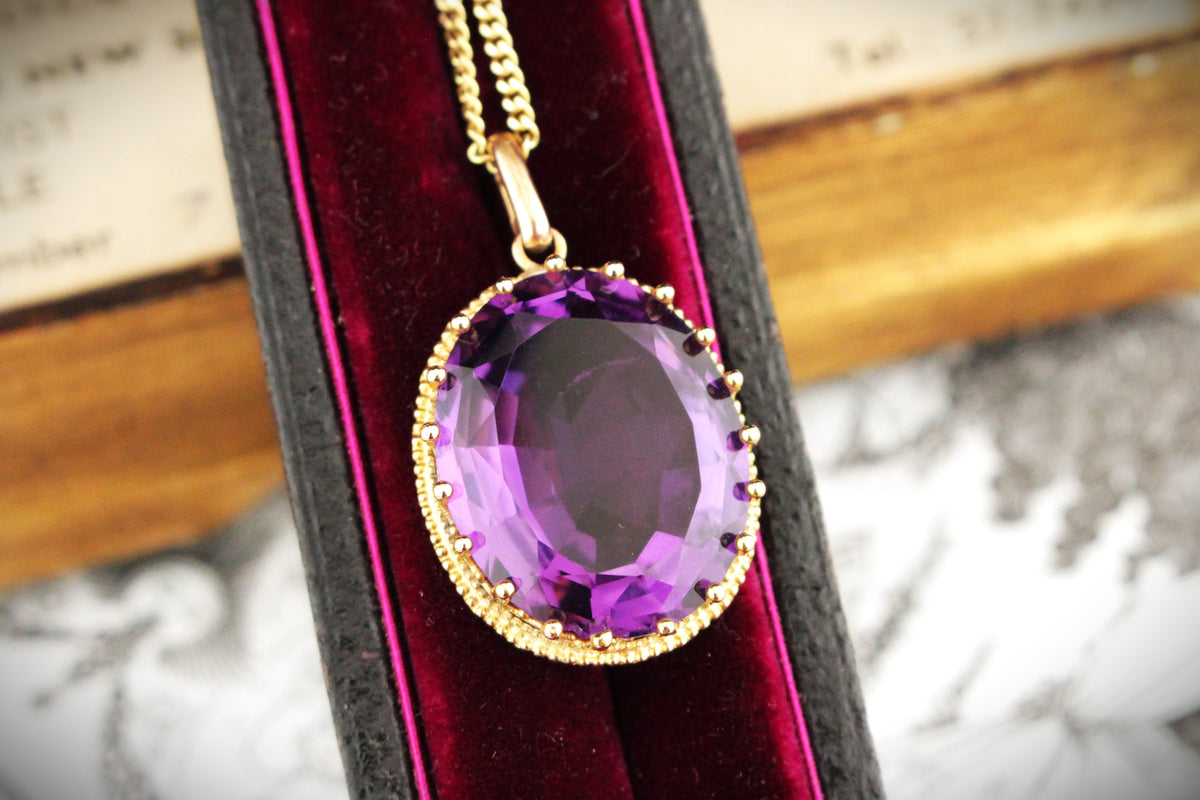 ANTIQUE EDWARDIAN c1910 AMETHYST PENDANT & CHIAN 9ct GOLD