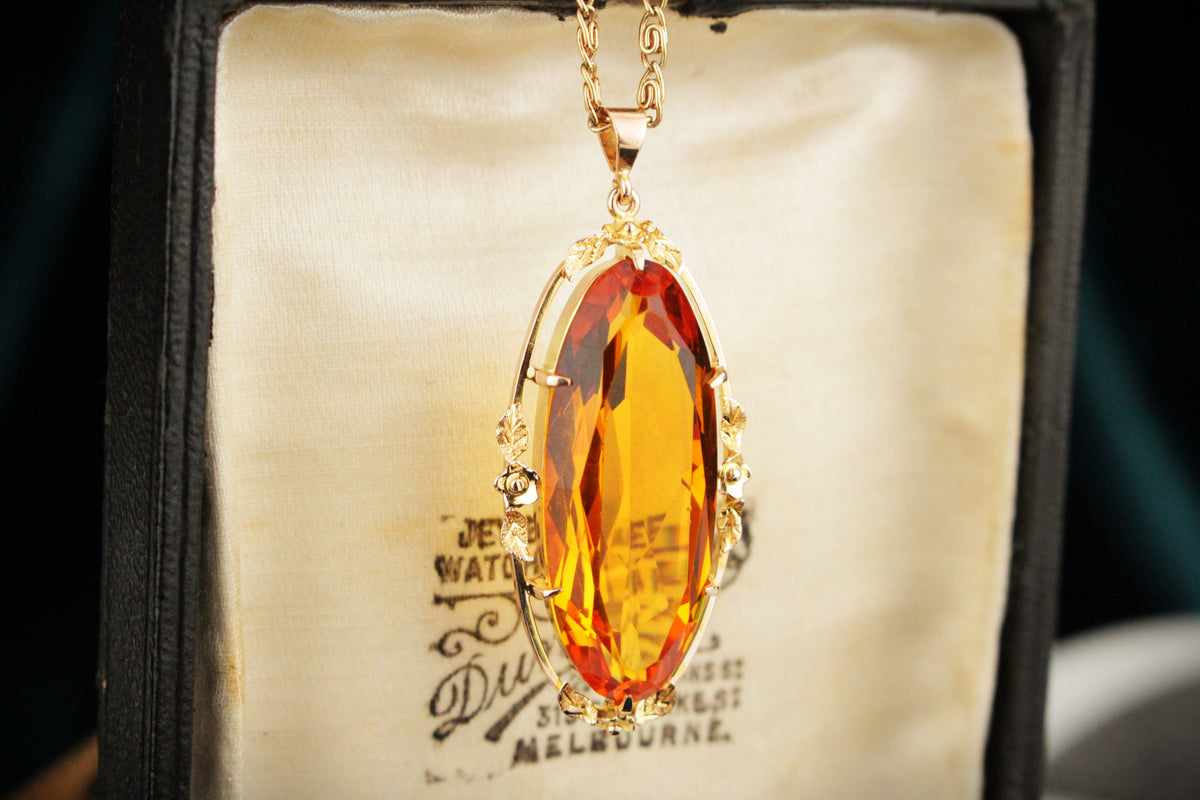 ANTIQUE ARTS & CRAFTS c1920 CITRINE PASTE PENDANT 9ct GOLD