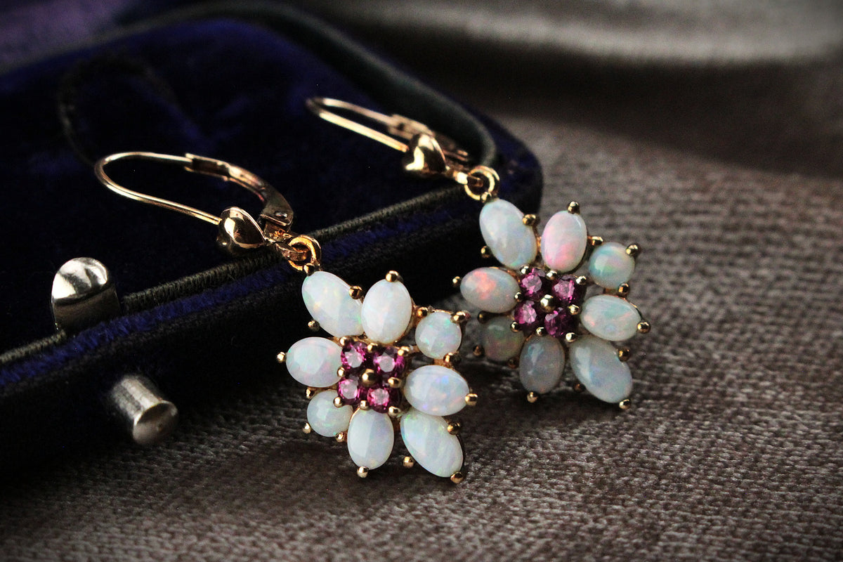 VINTAGE MID CENTURY GARNET & OPAL EARRINGS 9ct GOLD