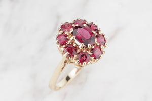 VINTAGE ESTATE 1968 GARNET CLUSTER RING ON 9ct YELLOW GOLD