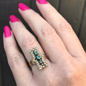 ANTIQUE GEORGIAN RING c1830 EMERALD & SEED PEARL RING ON 18ct ROSE GOLD