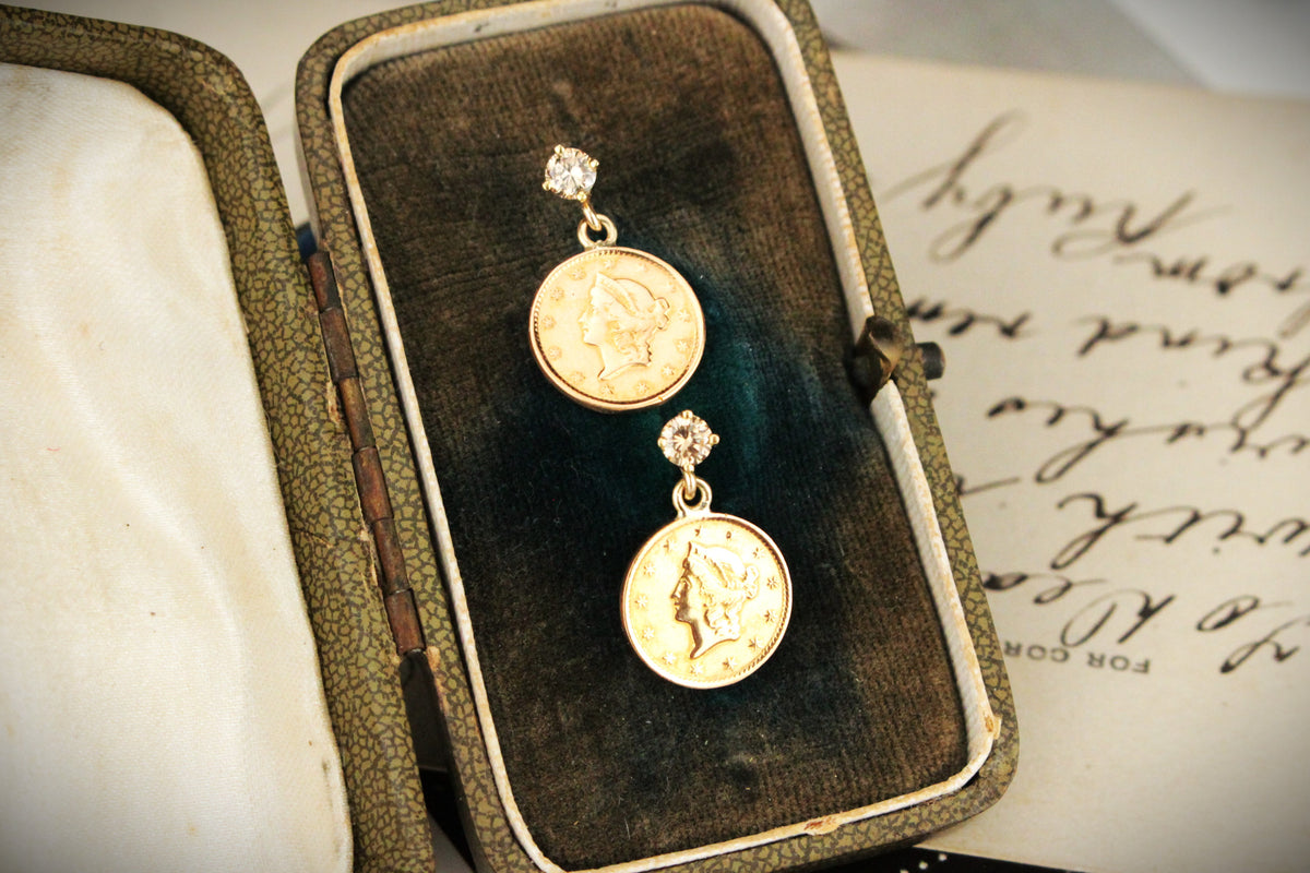 ANTIQUE LIBERTY HEAD COIN &amp; DIAMOND EARRINGS 22ct &amp; 14ct GOLD
