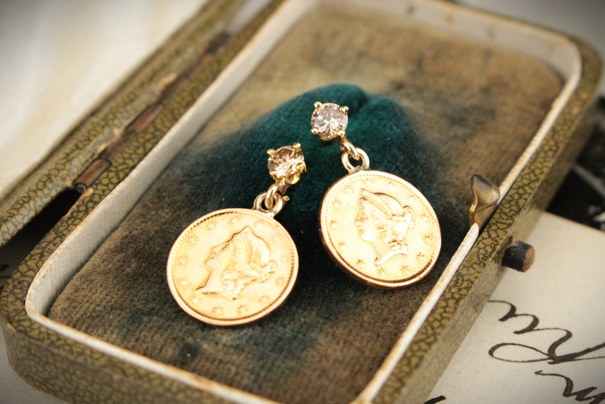 ANTIQUE LIBERTY HEAD COIN &amp; DIAMOND EARRINGS 22ct &amp; 14ct GOLD