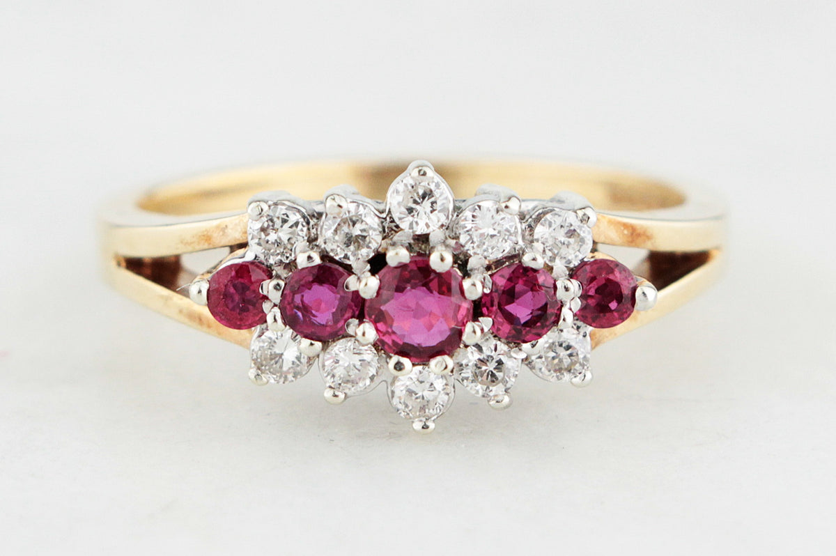 RETRO PIGEON BLOOD RUBY &amp; DIAMOND RING 9ct GOLD
