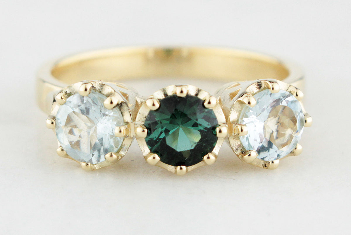 BESPOKE TOURMALINE &amp; AQUAMARINE TRILOGY RING 14ct GOLD
