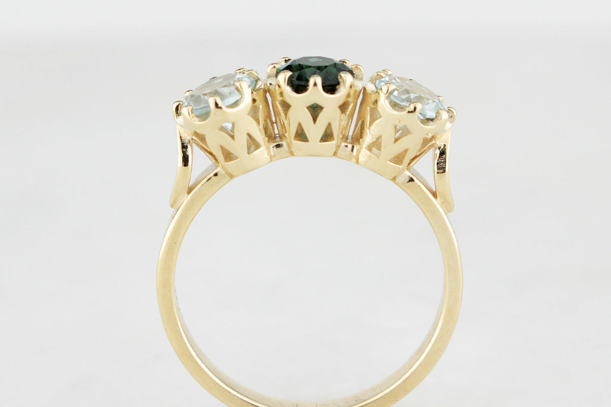 BESPOKE TOURMALINE &amp; AQUAMARINE TRILOGY RING 14ct GOLD