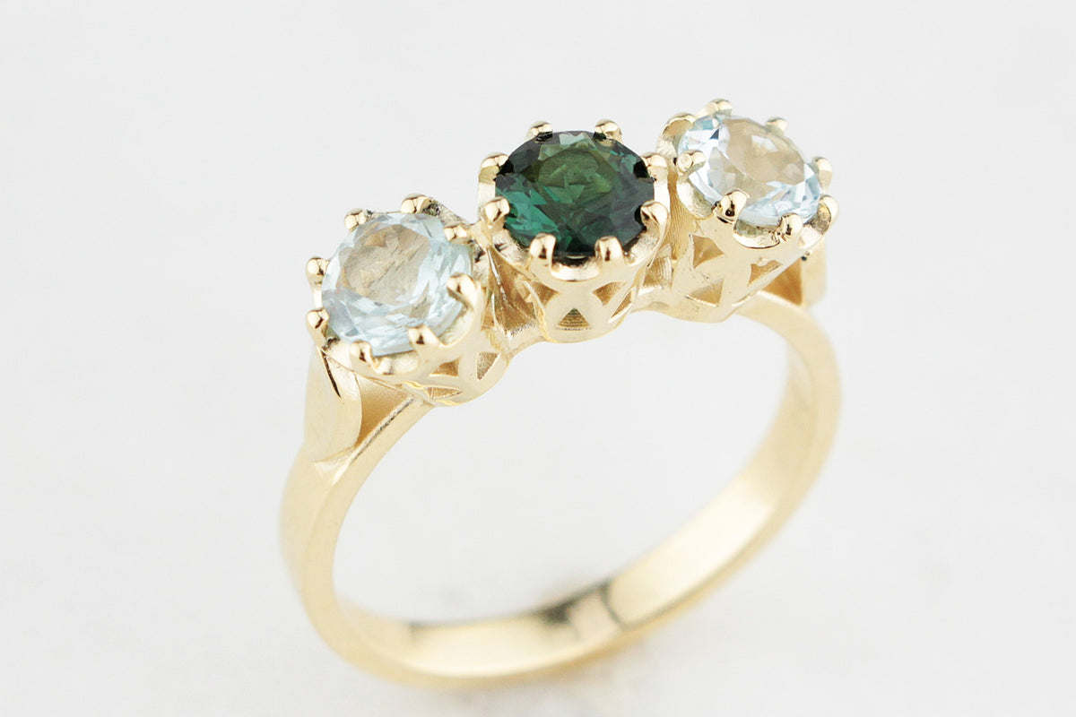 BESPOKE TOURMALINE &amp; AQUAMARINE TRILOGY RING 14ct GOLD