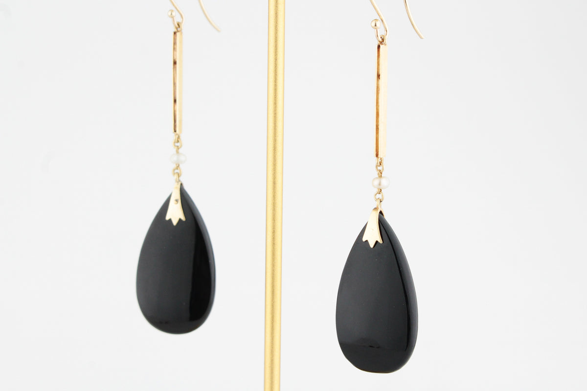 ART DECO c1920 ONYX &amp; PEARL DROP EARRINGS IN 9ct GOLD