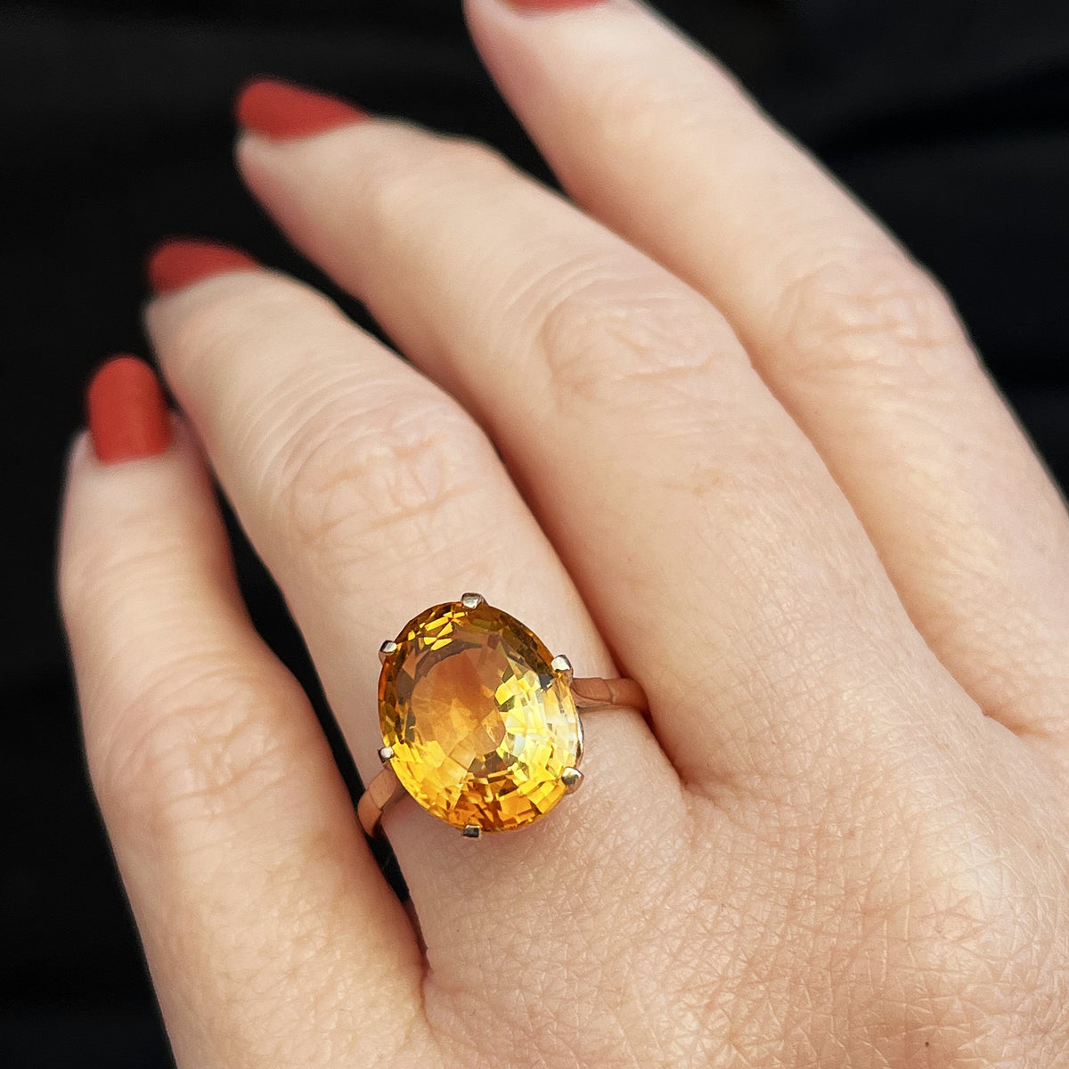 VINTAGE 7.6ct c1940 CITRINE COCKTAIL RING 14ct GOLD