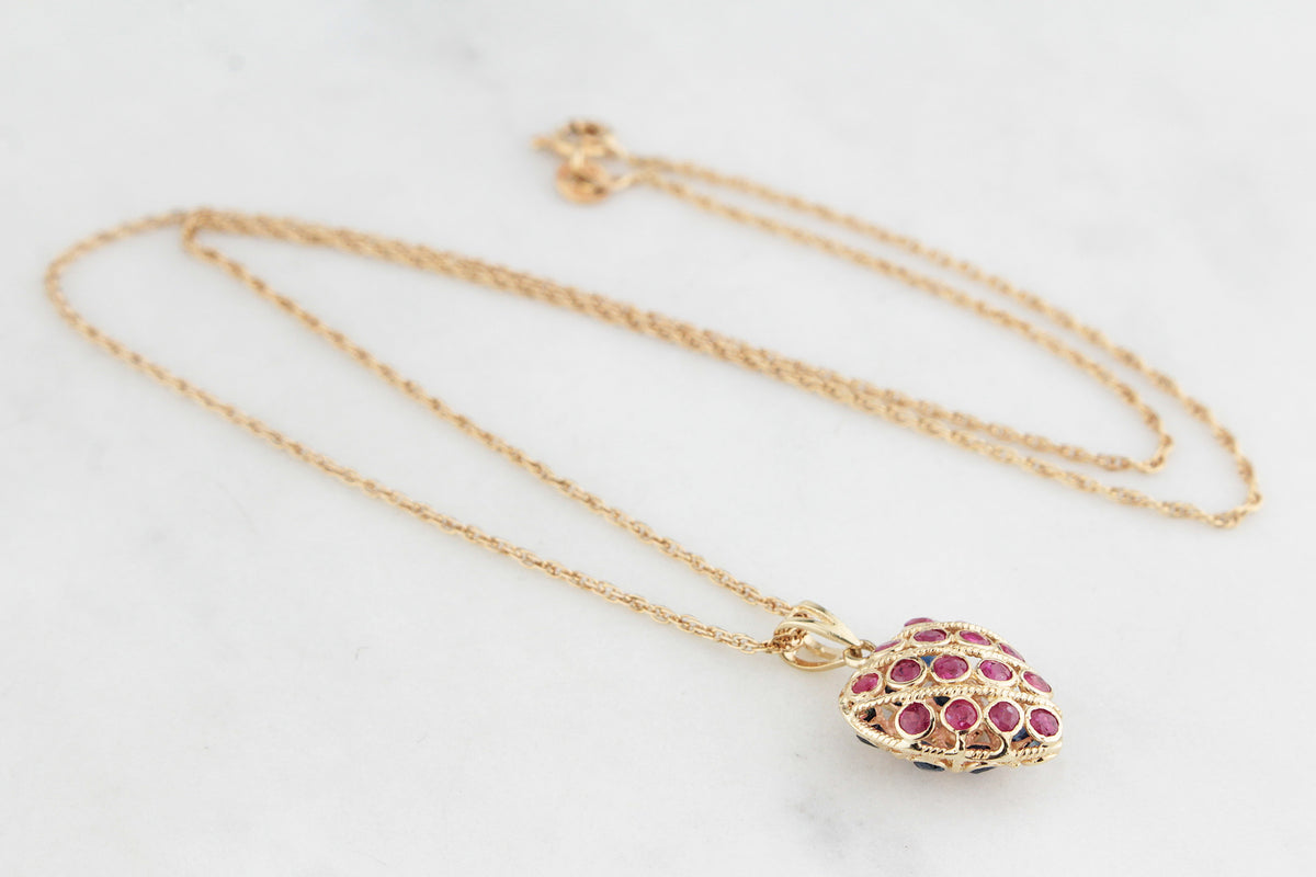 VINTAGE DOUBLE-SIDED SAPPHIRE &amp; RUBY HEART PENDANT &amp; CHAIN 9ct GOLD
