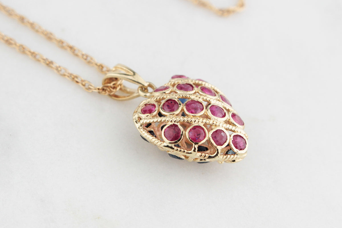 VINTAGE DOUBLE-SIDED SAPPHIRE &amp; RUBY HEART PENDANT &amp; CHAIN 9ct GOLD