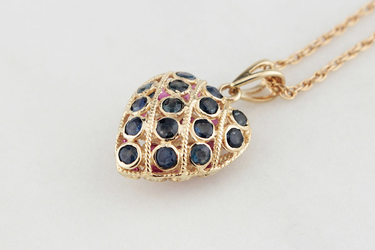 VINTAGE DOUBLE-SIDED SAPPHIRE &amp; RUBY HEART PENDANT &amp; CHAIN 9ct GOLD