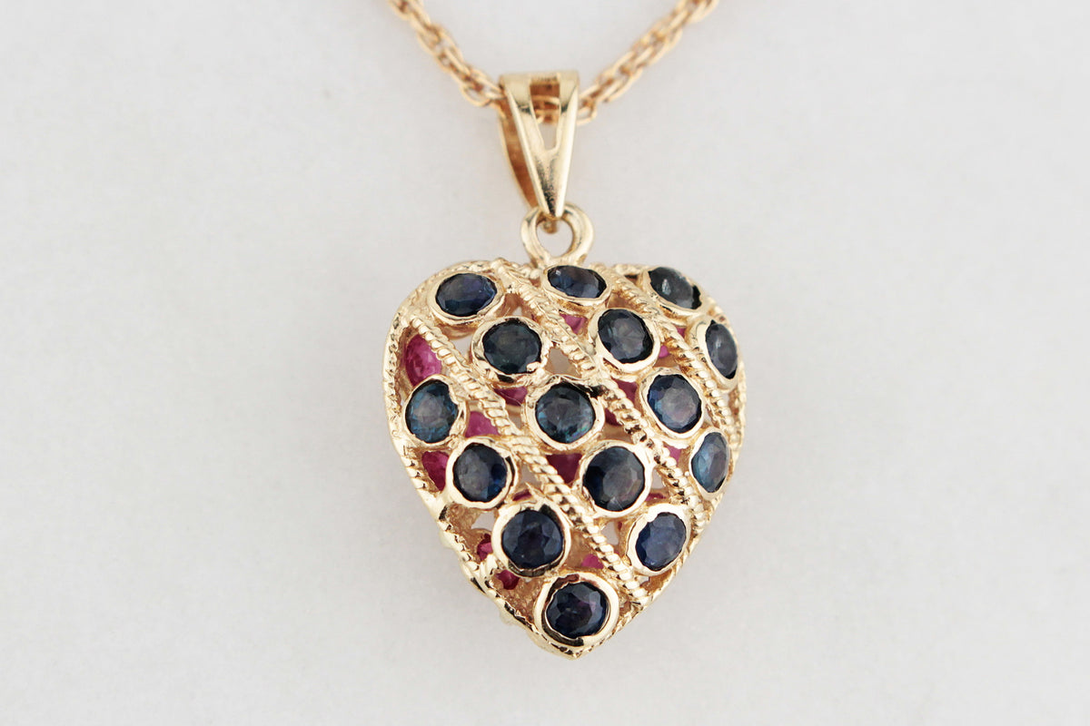 VINTAGE DOUBLE-SIDED SAPPHIRE &amp; RUBY HEART PENDANT &amp; CHAIN 9ct GOLD