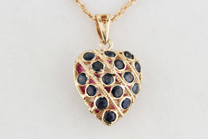 VINTAGE DOUBLE-SIDED SAPPHIRE & RUBY HEART PENDANT & CHAIN 9ct GOLD