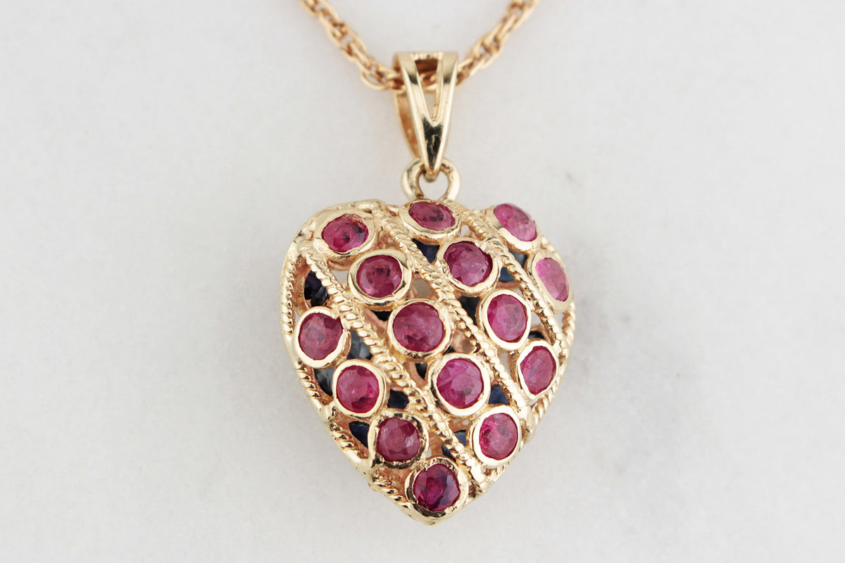VINTAGE DOUBLE-SIDED SAPPHIRE &amp; RUBY HEART PENDANT &amp; CHAIN 9ct GOLD