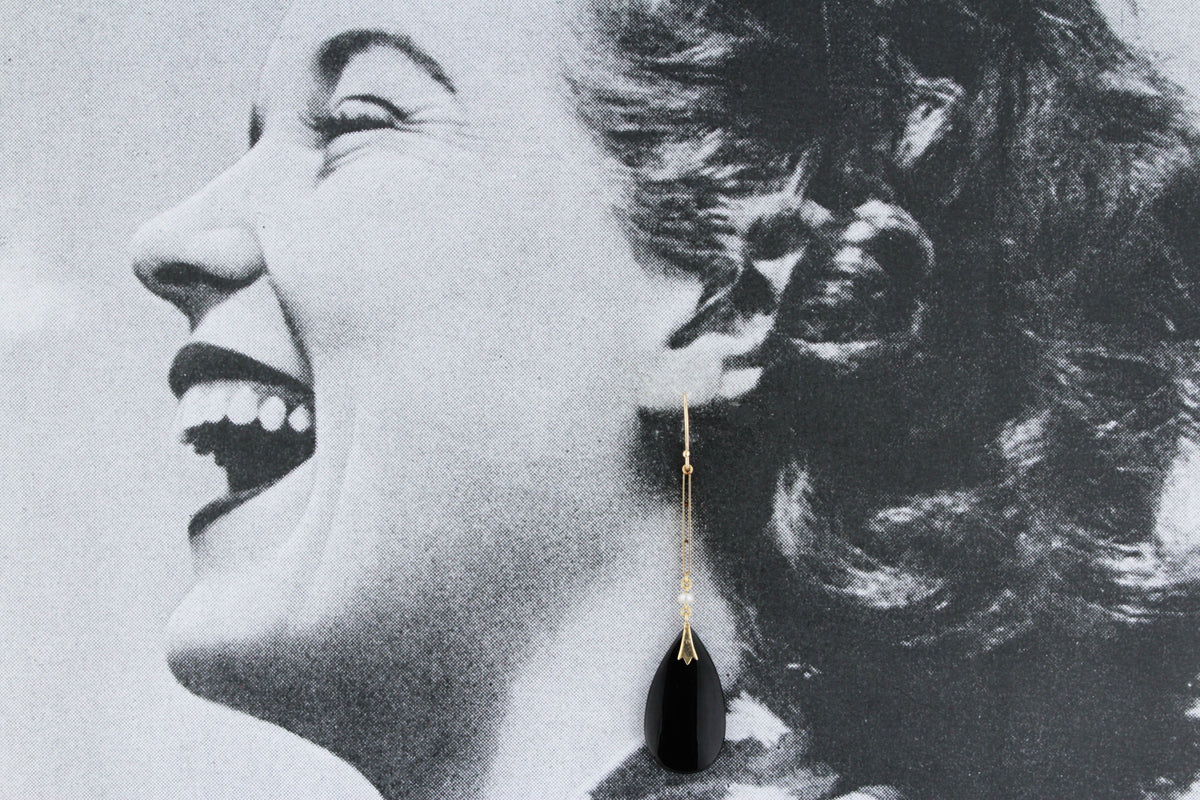 ART DECO c1920 ONYX &amp; PEARL DROP EARRINGS IN 9ct GOLD