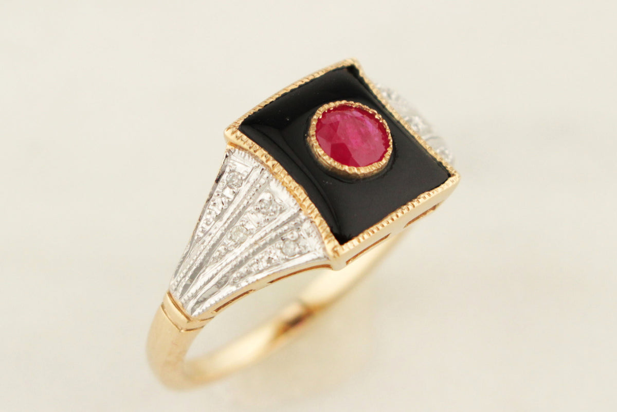 MODERN ART DECO STYLE ONYX RUBY &amp; DIAMOND RING 9ct GOLD