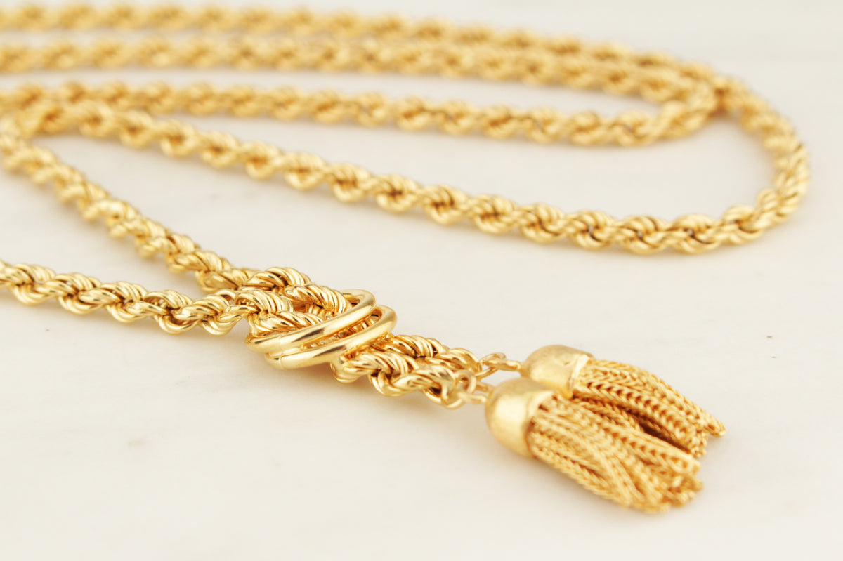 VINTAGE ESTATE 35.65g 18ct GOLD LONG ROPE TWIST &amp; TASSEL NECKLACE