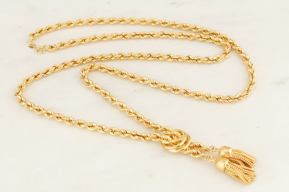 VINTAGE ESTATE 35.65g 18ct GOLD LONG ROPE TWIST &amp; TASSEL NECKLACE