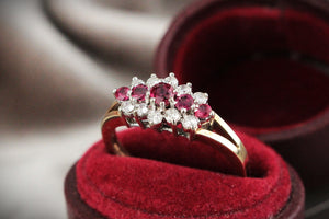 RETRO PIGEON BLOOD RUBY & DIAMOND RING 9ct GOLD