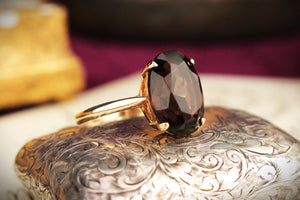 RETRO MID CENTURY 1972 SMOKY QUARTZ COCKTAIL RING 9ct GOLD