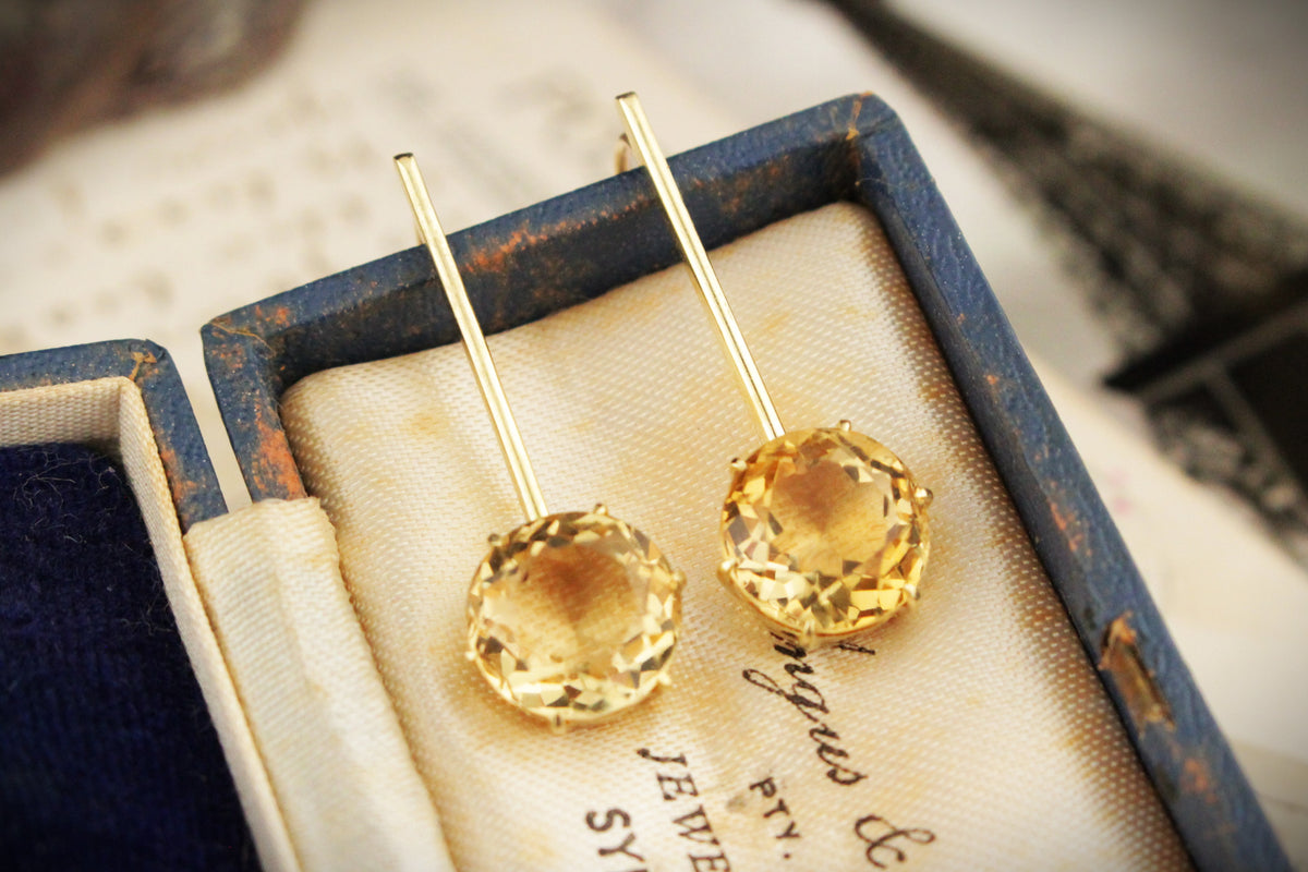 ANTIQUE EDWARDIAN c1900 CITRINE DROP EARRINGS 9ct GOLD
