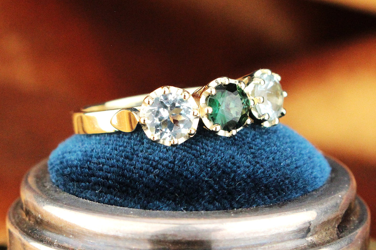 BESPOKE TOURMALINE &amp; AQUAMARINE TRILOGY RING 14ct GOLD