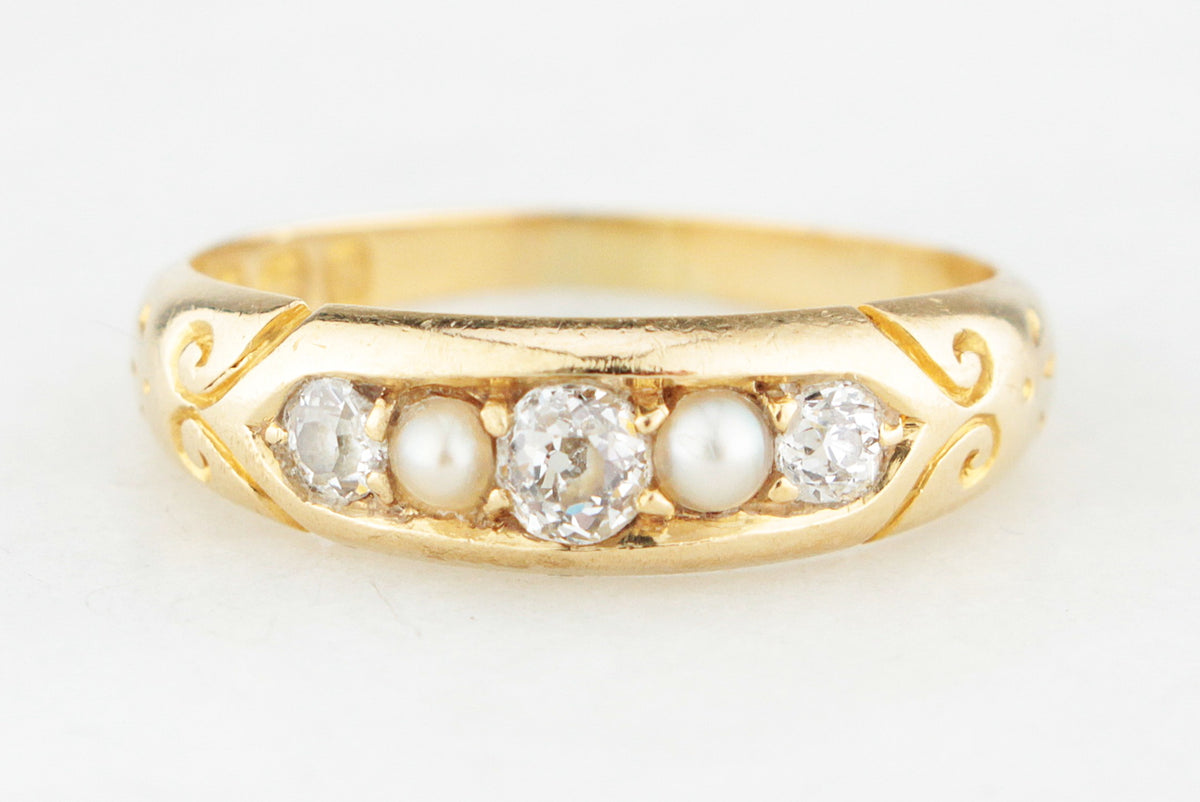 ANTIQUE VICTORIAN 1892 DIAMOND &amp; PEARL RING 18ct GOLD