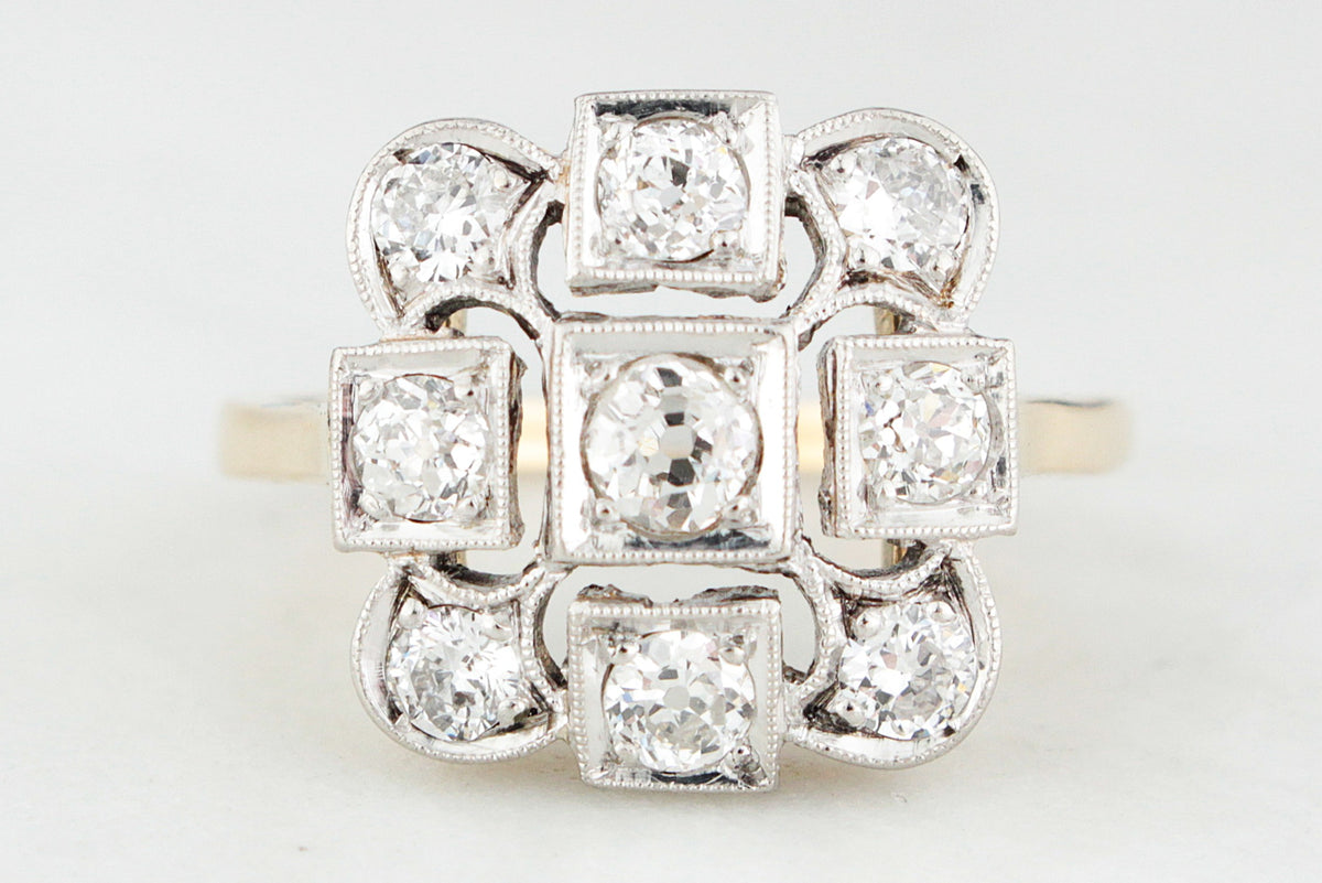 ANTIQUE ART DECO c1920 1ct DIAMOND CLUSTER RING 18ct GOLD &amp; PLATINUM