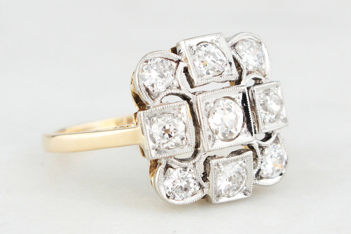 ANTIQUE ART DECO c1920 1ct DIAMOND CLUSTER RING 18ct GOLD &amp; PLATINUM