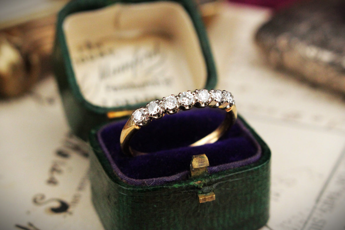 ANTIQUE EDWARDIAN c1915 SEVEN STONE DIAMOND HALF HOOP 18ct GOLD &amp; PALLADIUM