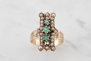 ANTIQUE GEORGIAN RING c1830 EMERALD & SEED PEARL RING ON 18ct ROSE GOLD