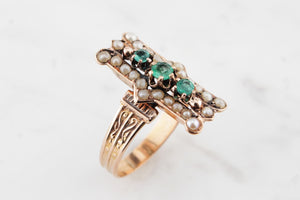 ANTIQUE GEORGIAN RING c1830 EMERALD & SEED PEARL RING ON 18ct ROSE GOLD