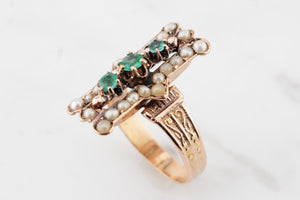 ANTIQUE GEORGIAN RING c1830 EMERALD & SEED PEARL RING ON 18ct ROSE GOLD