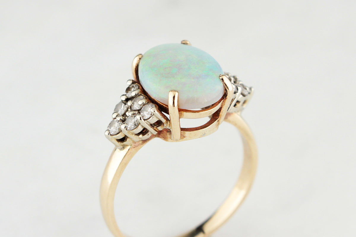 RETRO c1980s SOLID OPAL &amp; DIAMOND STATEMENT RING 9ct GOLD