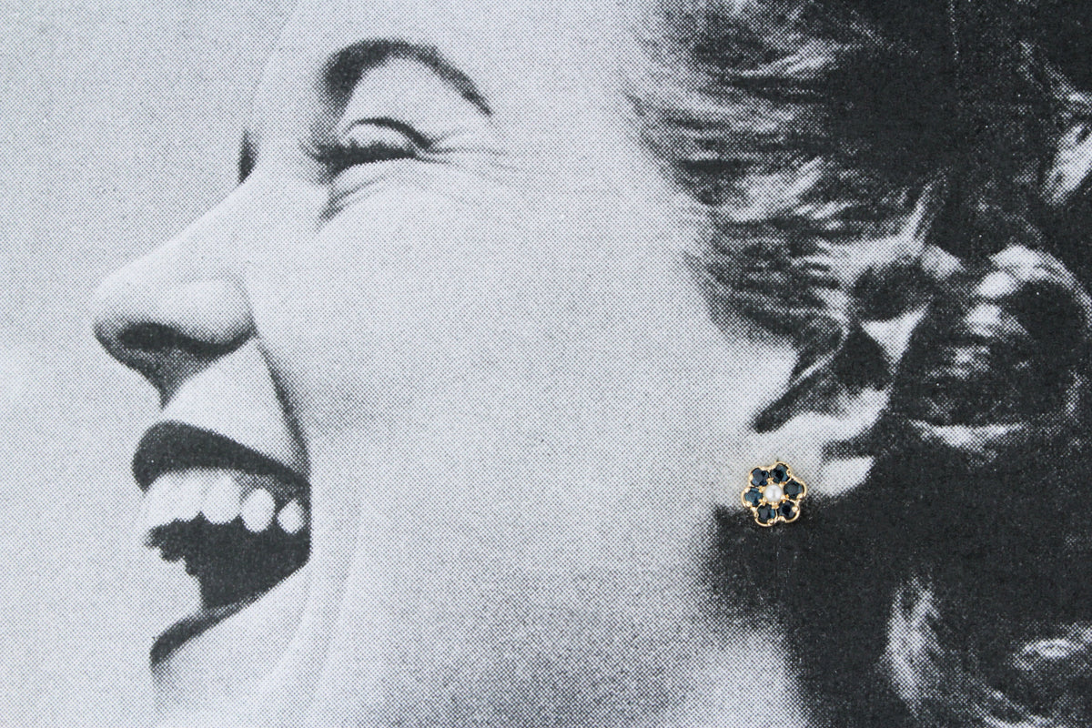 RETRO SAPPHIRE &amp; PEARL FLORAL STUDS 9ct GOLD