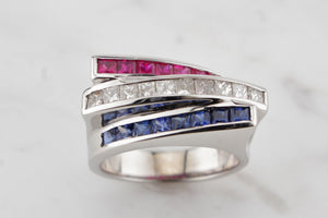 CONTEMPORARY RUBY DIAMOND & SAPPHIRE RING ON 9ct WHITE GOLD
