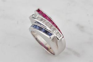 CONTEMPORARY RUBY DIAMOND & SAPPHIRE RING ON 9ct WHITE GOLD