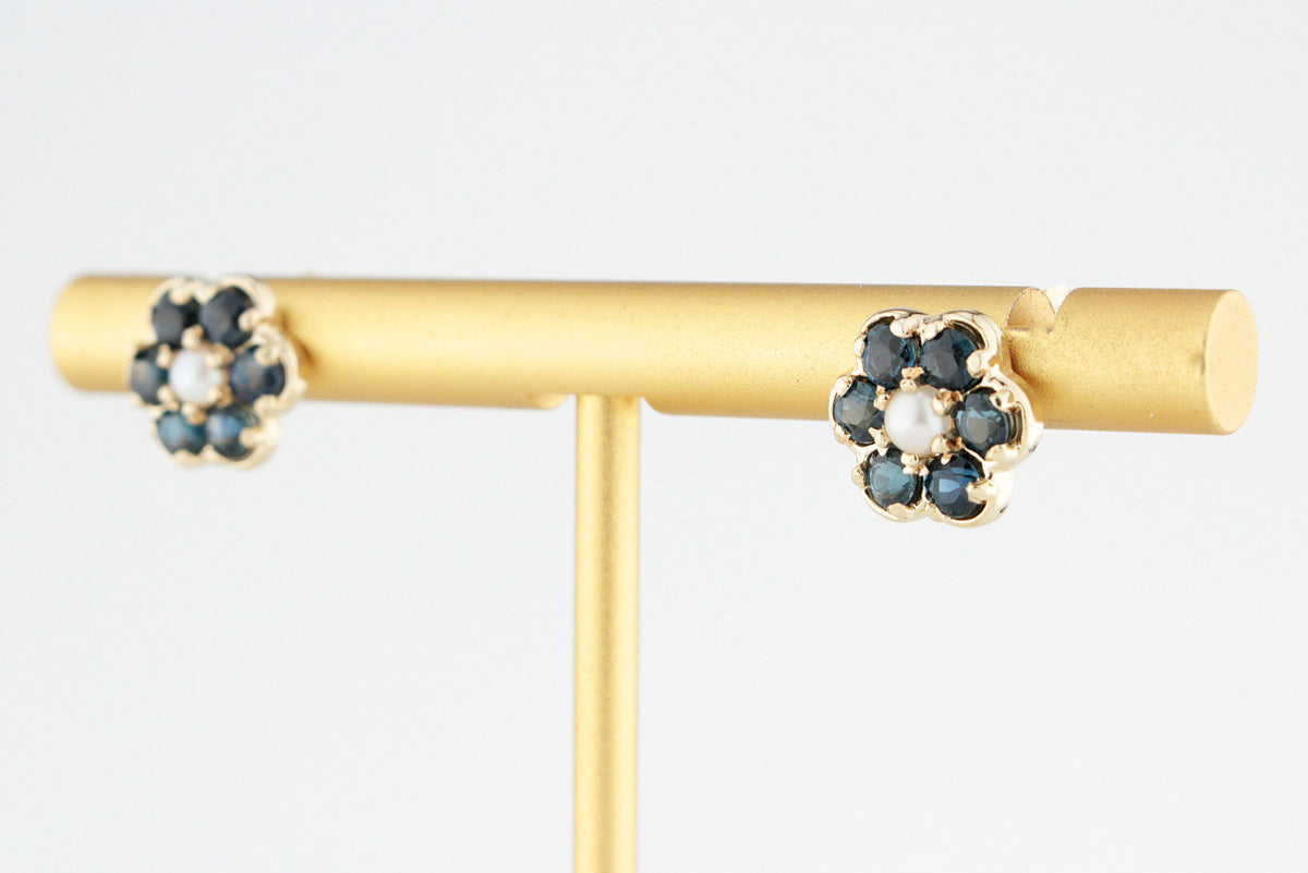RETRO SAPPHIRE &amp; PEARL FLORAL STUDS 9ct GOLD