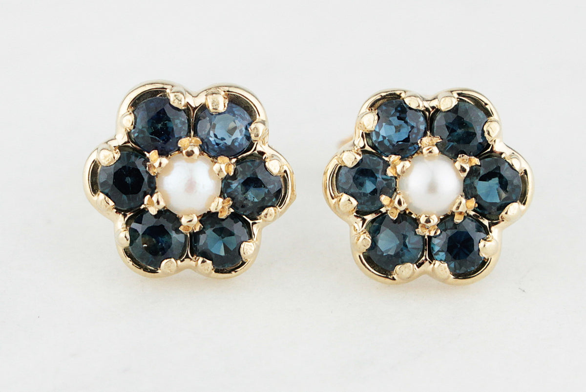 RETRO SAPPHIRE &amp; PEARL FLORAL STUDS 9ct GOLD