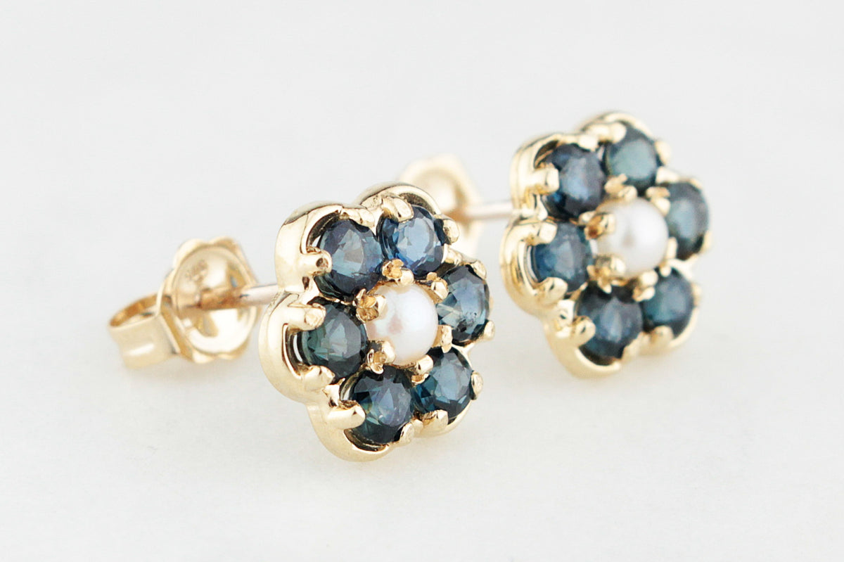 RETRO SAPPHIRE &amp; PEARL FLORAL STUDS 9ct GOLD