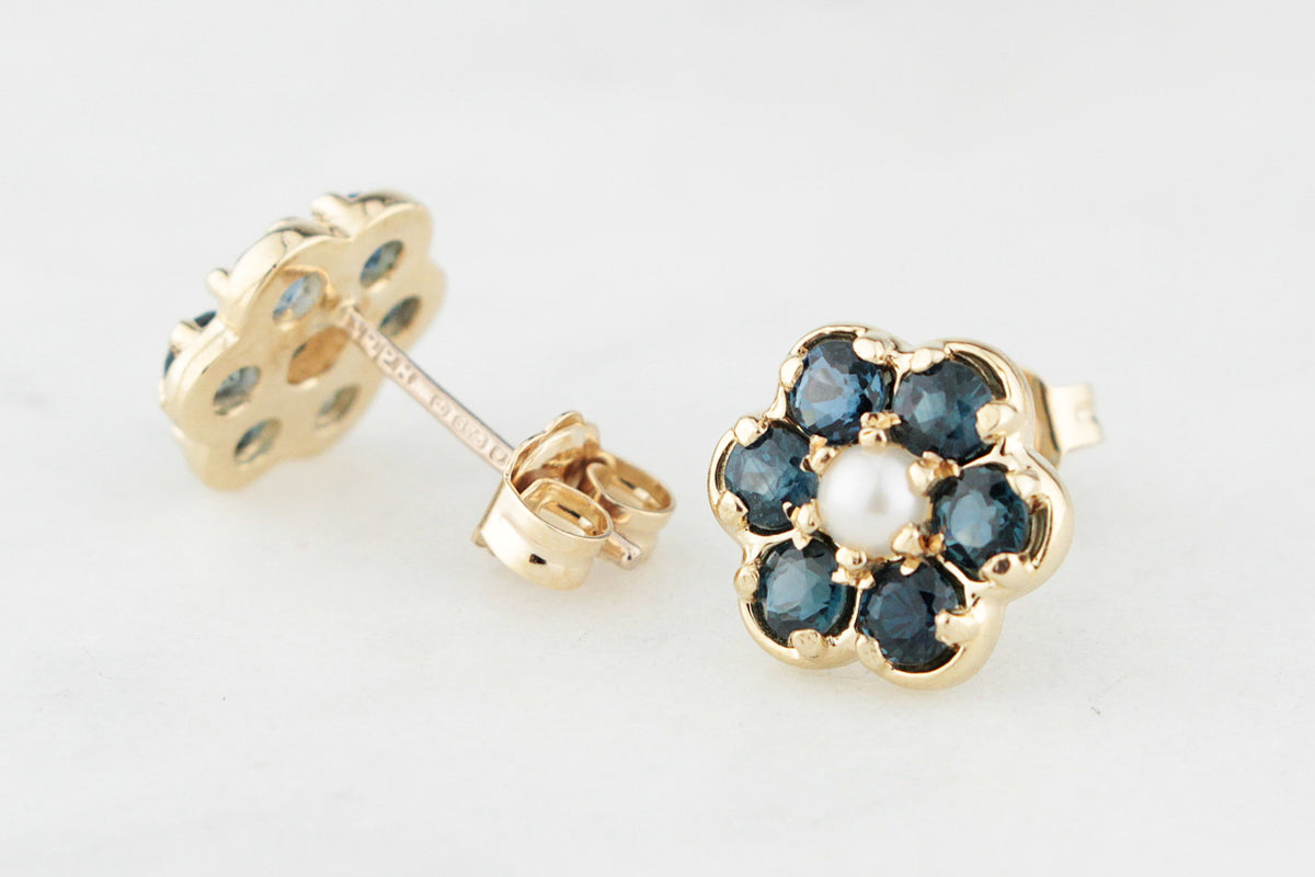 RETRO SAPPHIRE &amp; PEARL FLORAL STUDS 9ct GOLD